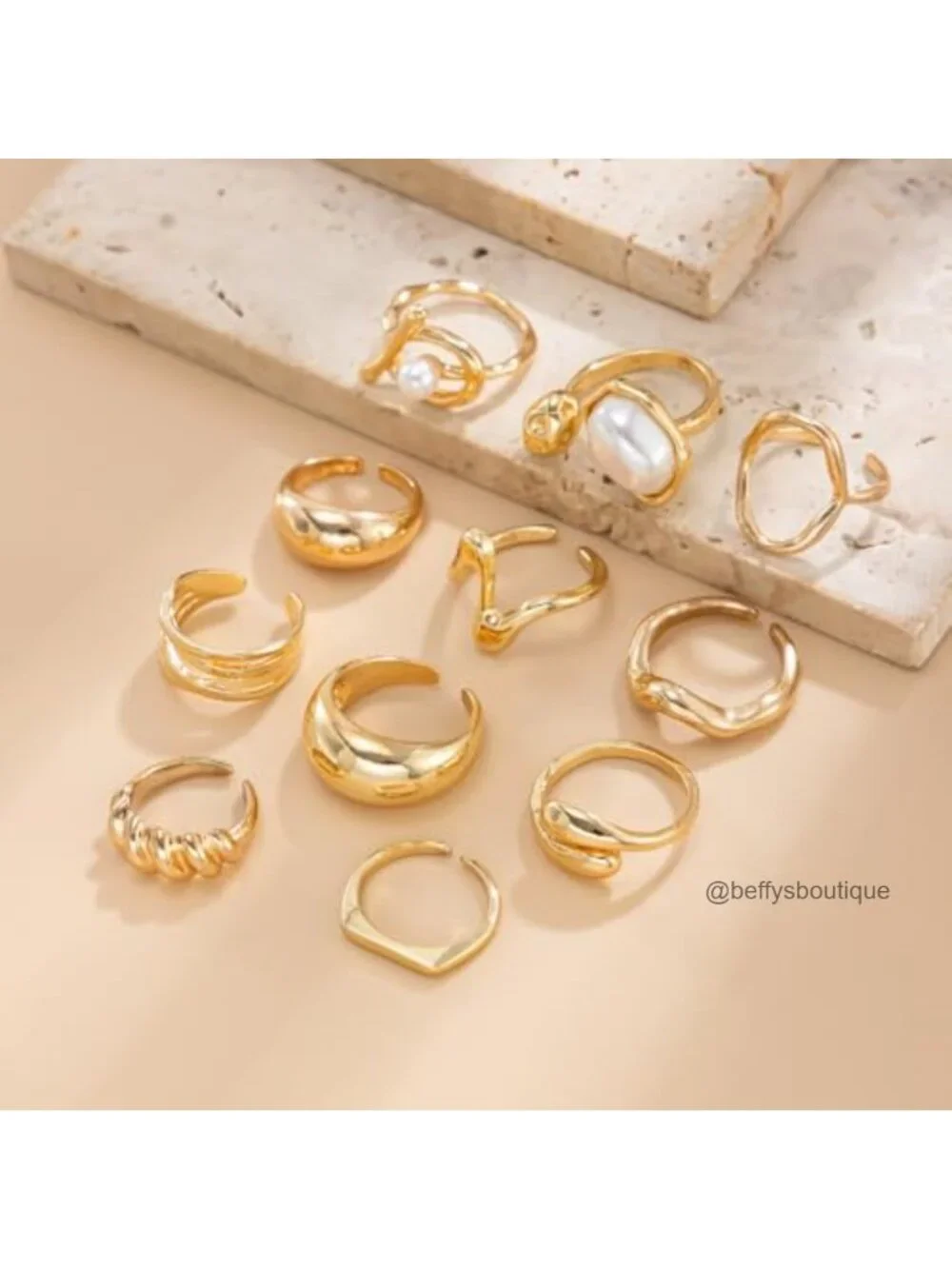 Chunky Baroque Pearl Ring Set for Women Stacking Adjustable Gold Tone Jewelry